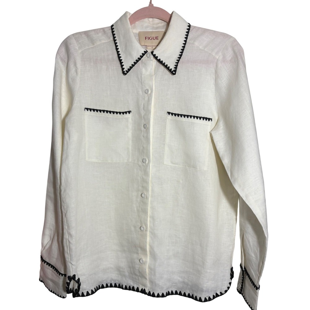 Figue Off White Cream Linen Top Stitch Embroidered Button Down Shirt Size 4
